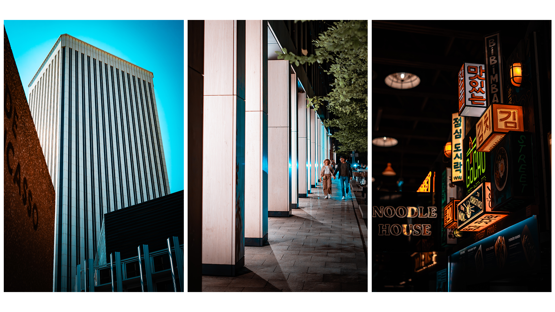 Three commercial photographs side by side: a tower block, a lit colonnade at dusk, and neon restaurant signs